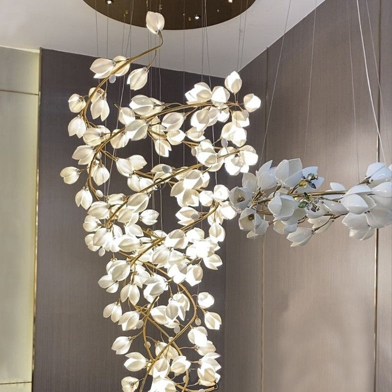 Spiral Pure White Magnolia Chandelier with Golden Branches for Staircase/High-ceiling Space/Foyer/ Duplex