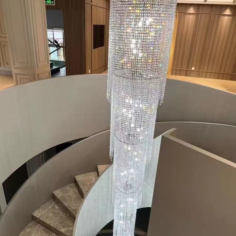 Extra Long Luxury Crystal Chandelier For Staircase / 2 Story Multi-layered Long Light Fixture