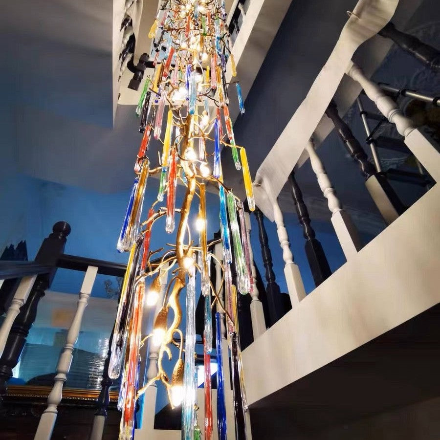 Modern Light Luxury Brass Branches Colored Glass Column Chandelier for Staircase/Living Room/High-ceiling Space