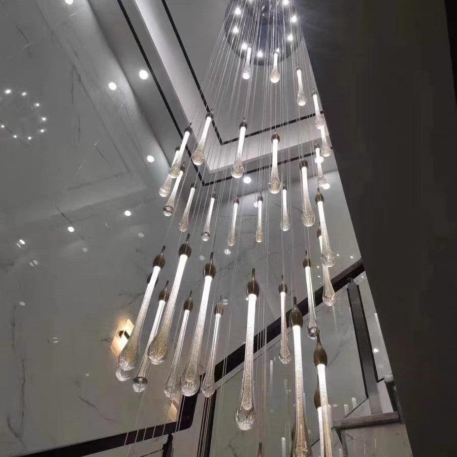 Foyer Glass Drops Pendant Chandelier Spiral Staircase High Ceiling Light Fixture In Gold Finish
