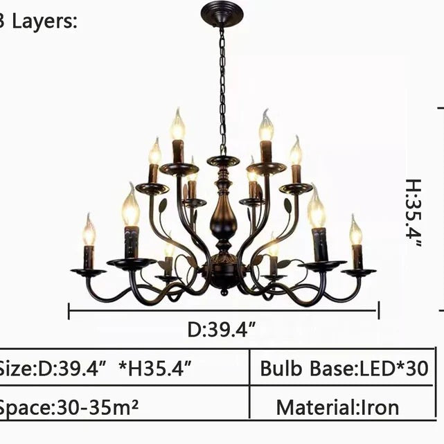 Multi Layer Iron Chandelier with Electronic Candles in Vintage Country Style for Living Room Cafe and Study