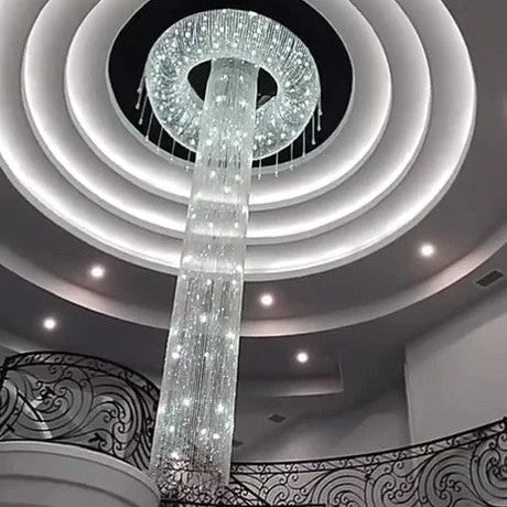 Extra Large Flush Mount Silver Waterfall Luxury Ceiling Crystal Chandelier for High-ceiling Living Room/Duplex Hall