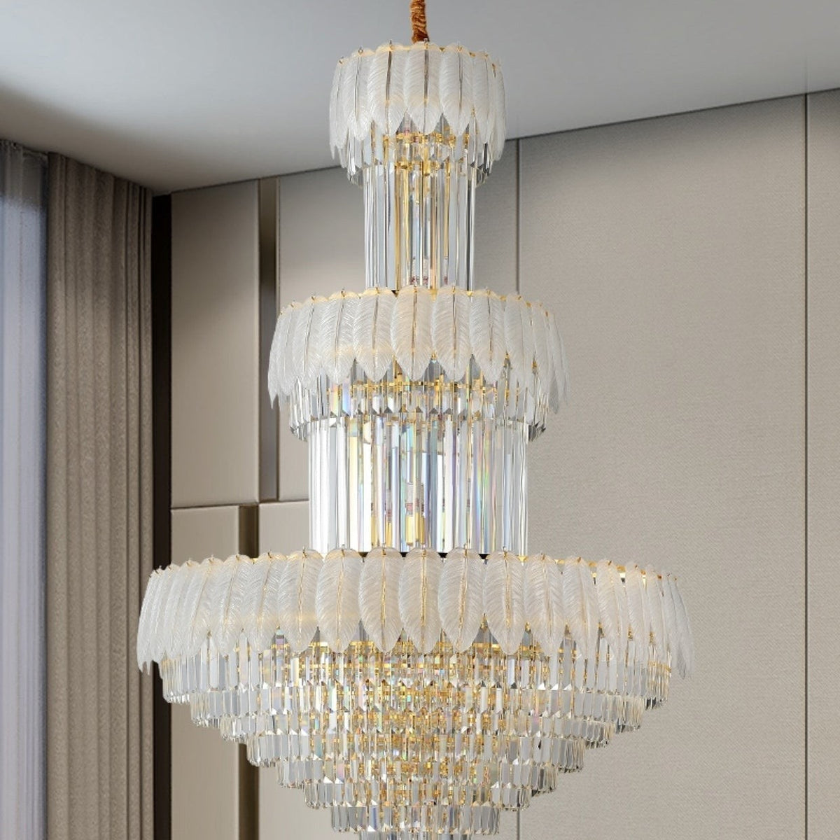 Extra Large Crystal Feather Style Chandelier Long Foyer Staircase Ceiling Lighting Fixture For Living Room