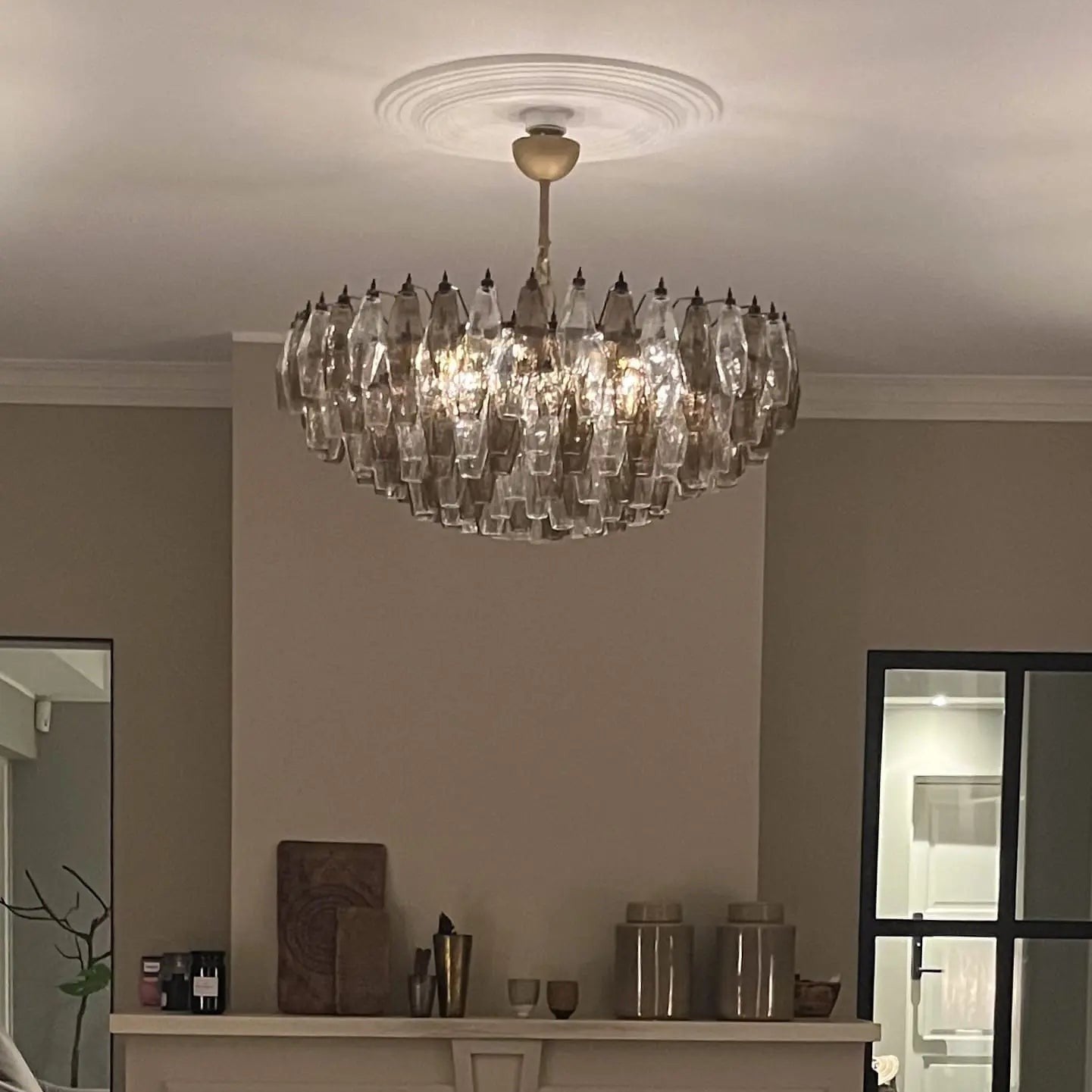 Murano Chandelier – Poliedri – 185 glass – Smoked/Transparent