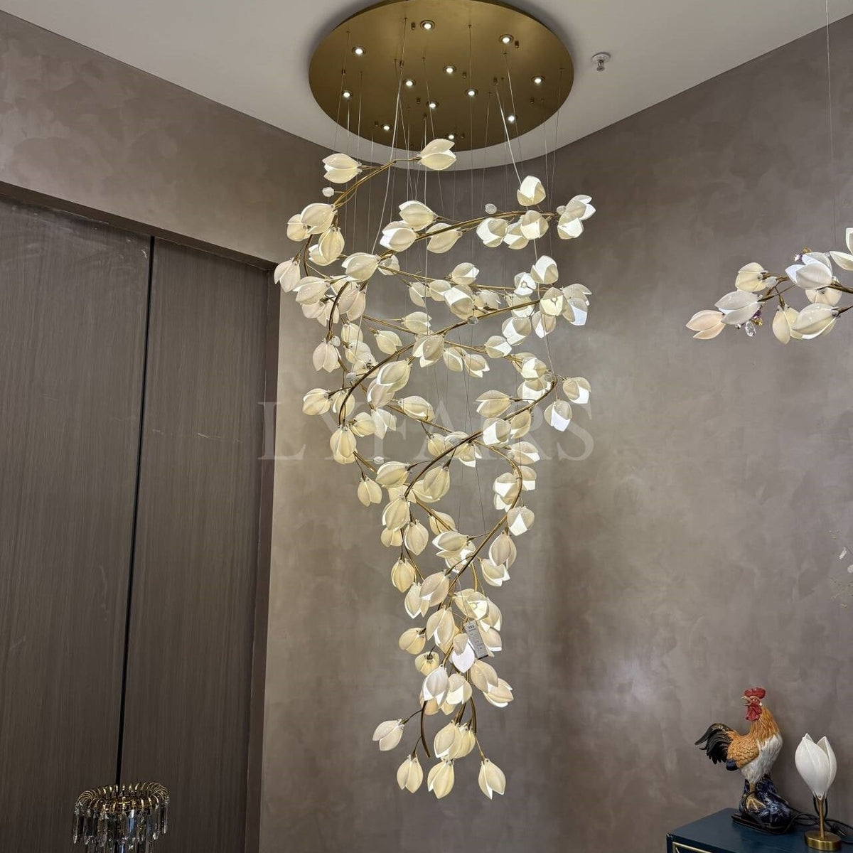 Spiral Pure White Magnolia Chandelier with Golden Branches for Staircase/High-ceiling Space/Foyer/ Duplex