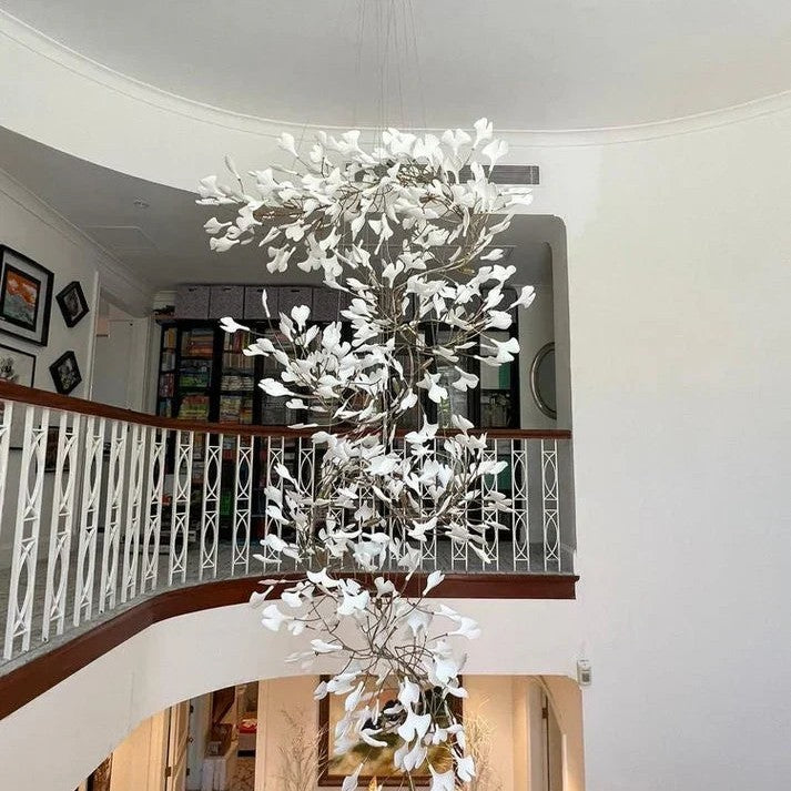 Artistic Tree Branch Pendant Light with Ceramic Ginkgo Leaves
