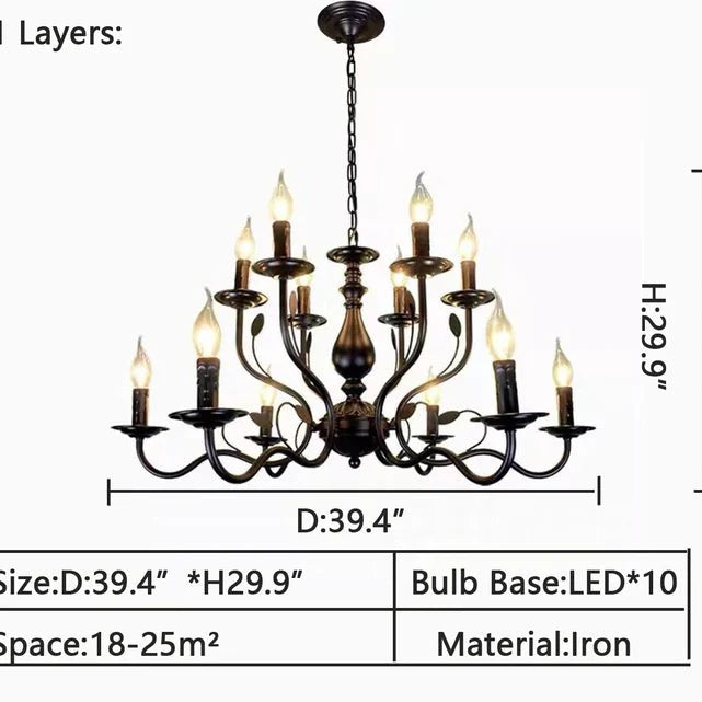 Multi Layer Iron Chandelier with Electronic Candles in Vintage Country Style for Living Room Cafe and Study
