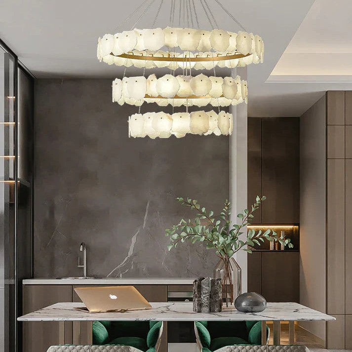 Irregular Alabaster Multi-Layered Round Chandelier