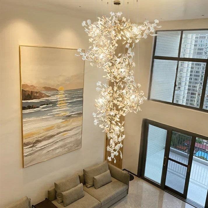 Artistic Tree Branch Pendant Light with Ceramic Ginkgo Leaves