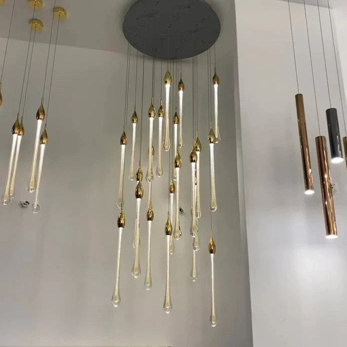 Modern Long Gold Glass Raindrop Rod Pendant Light for Staircase/High-ceiling room