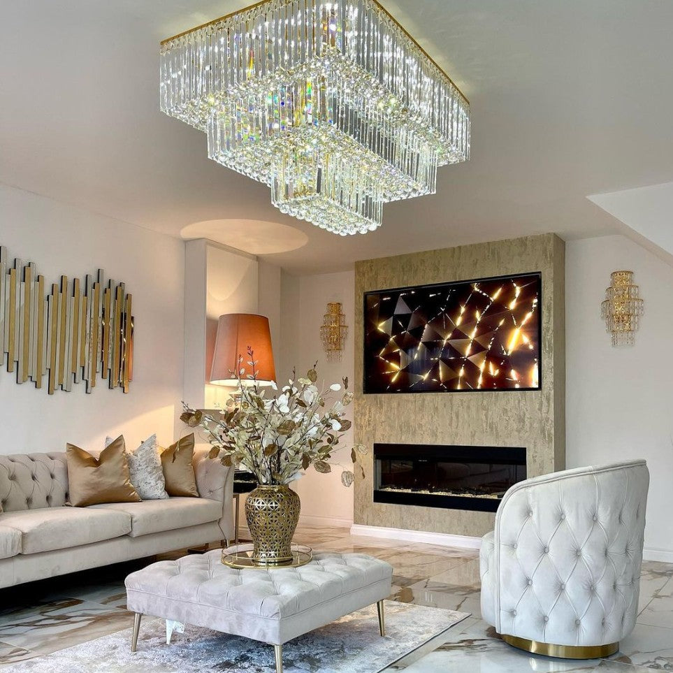 Square Crystal Ceiling Crystal Chandelier Light Fixture Three Layers