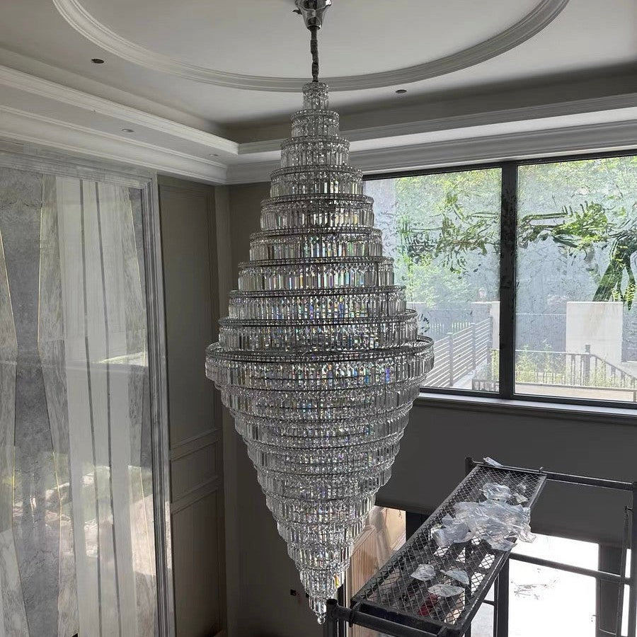 Chrome Extra Large Crystal Chandelier for Foyer Staircase Living Room Entrance Ceiling Light Fixture In Silver