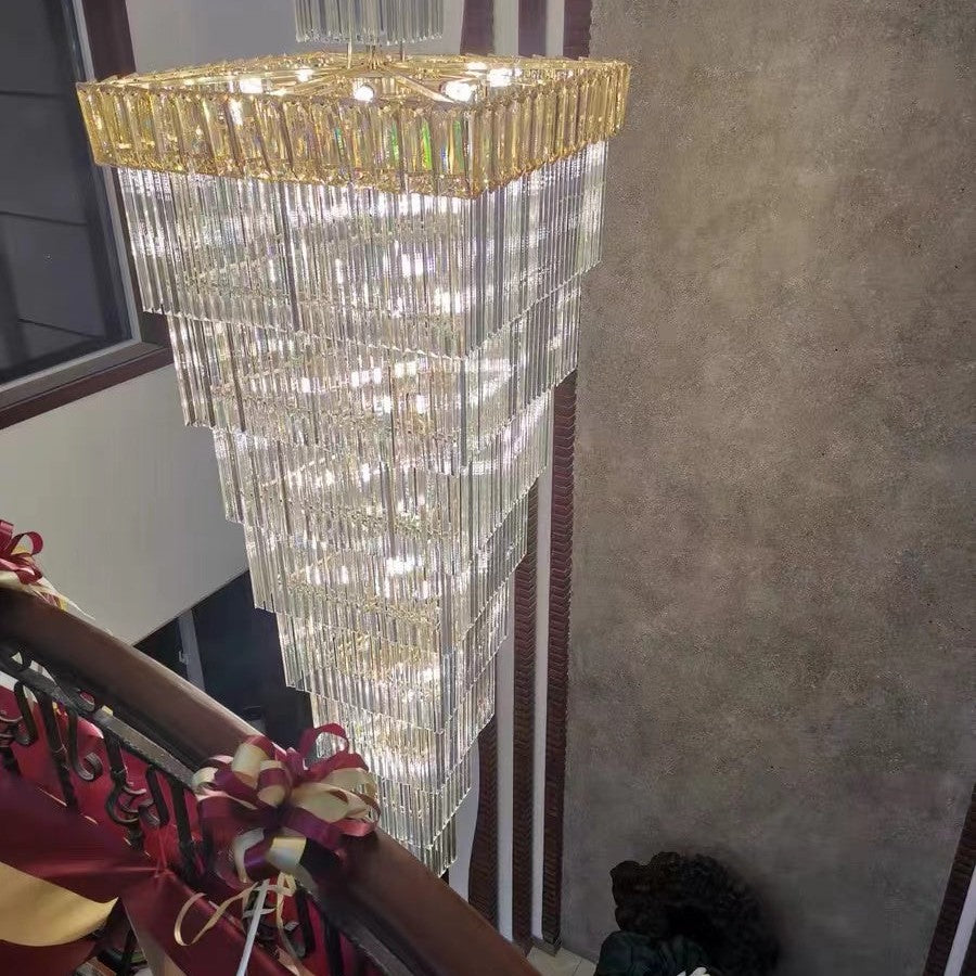 Decorative Large Vertical Crystal Staircase Chandelier Foyer Ceiling Light Fixture Lamp In Gray/ Amber Brim