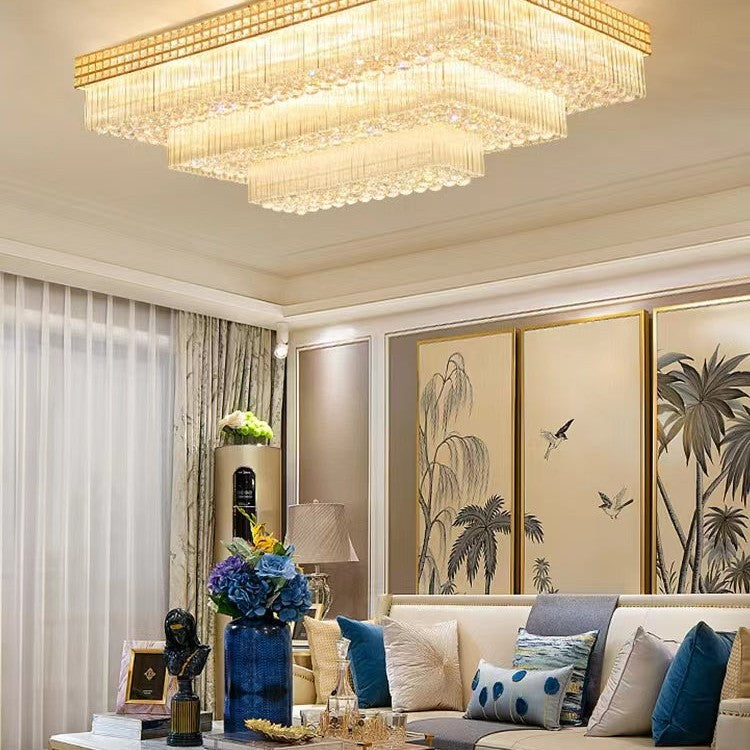 Extra Large Three Layers Rectangular Luxury Flush Mounted Crystal Chandelier for Living Room