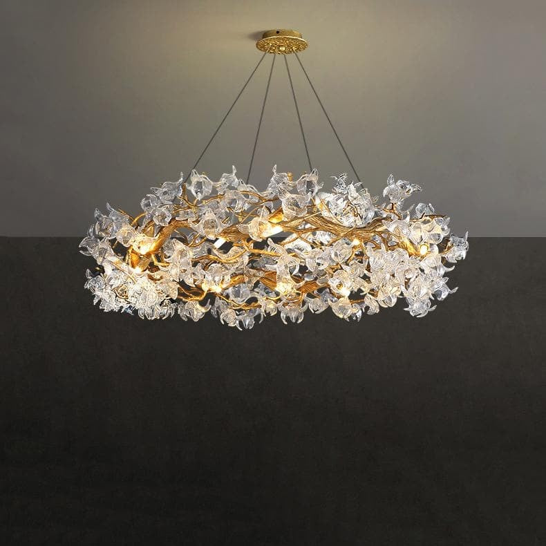 Branch Petal Crystal Brass Round Chandelier