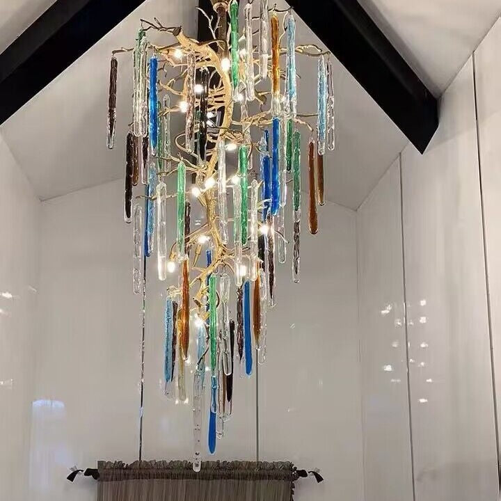Modern Light Luxury Brass Branches Colored Glass Column Chandelier for Staircase/Living Room/High-ceiling Space