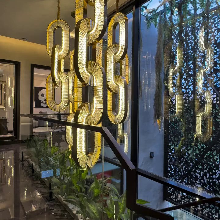 Luxury Crystal and Metal Chain Pendant Chandelier for High Ceilings with Modern Finish