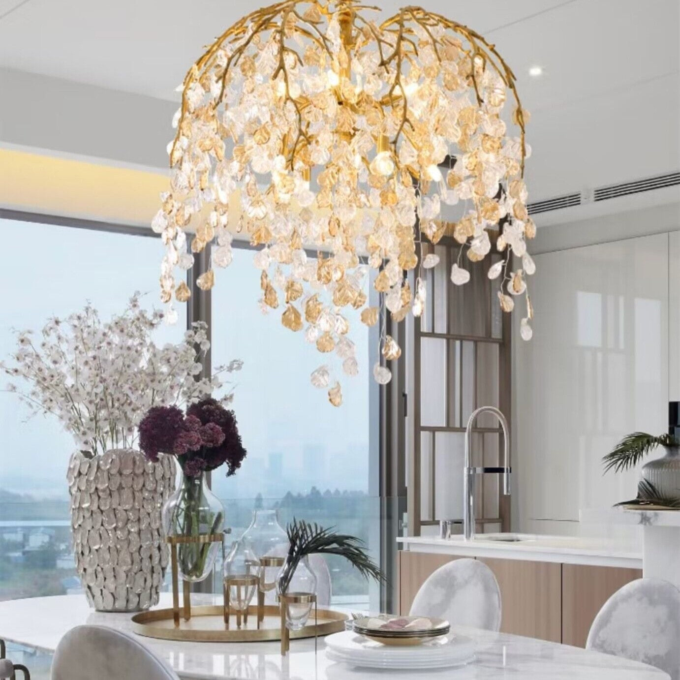 Modern Luxury Leaf Branch Crystal Chandelier Art Copper for Living/Dining Room/Bedroom