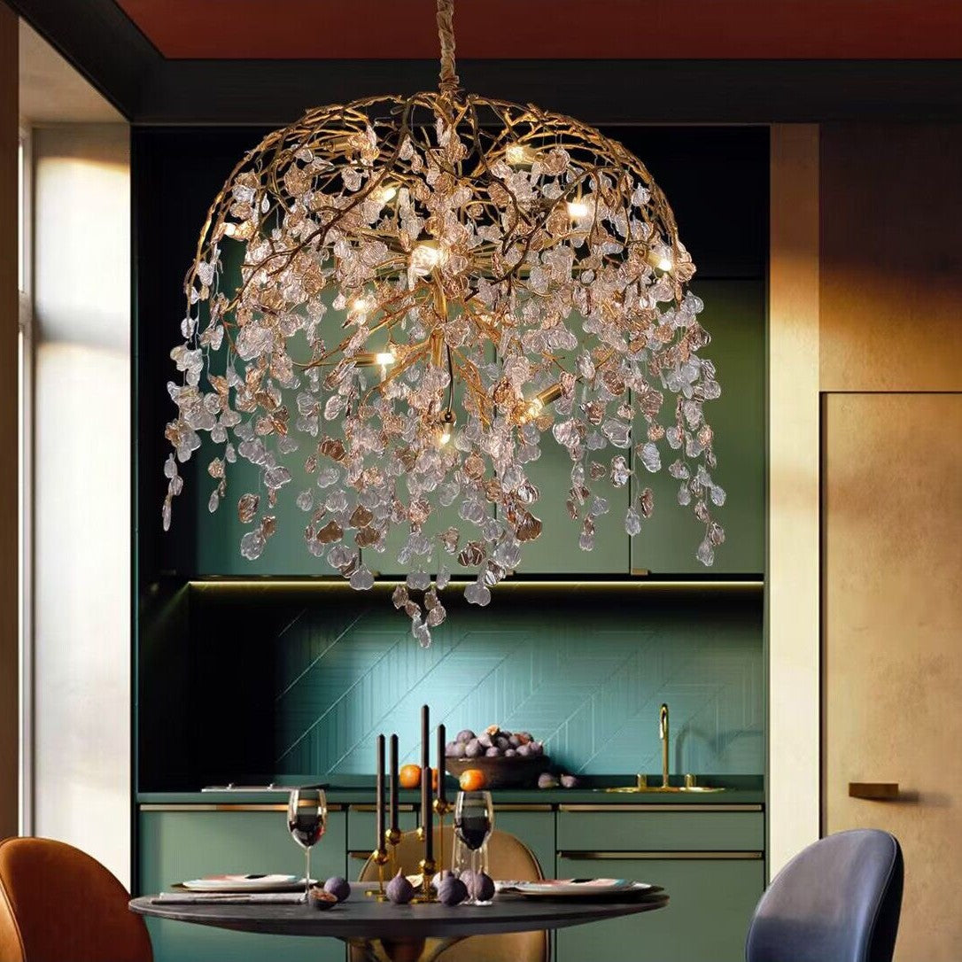 Modern Luxury Leaf Branch Crystal Chandelier Art Copper for Living/Dining Room/Bedroom