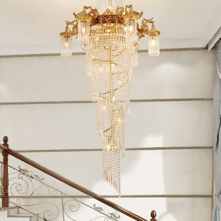 Extra Large Retro Luxury Full Copper Crystal Chandelier for Staircase/ Duplexes/ Villas