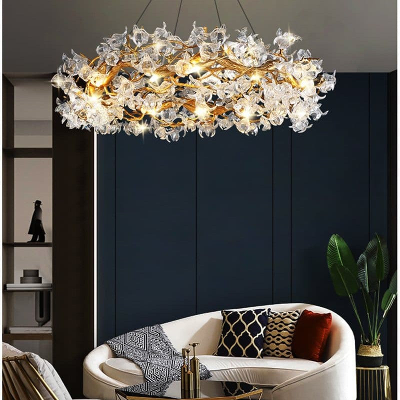 Branch Petal Crystal Brass Round Chandelier