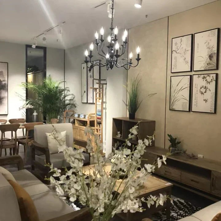 Multi Layer Iron Chandelier with Electronic Candles in Vintage Country Style for Living Room Cafe and Study