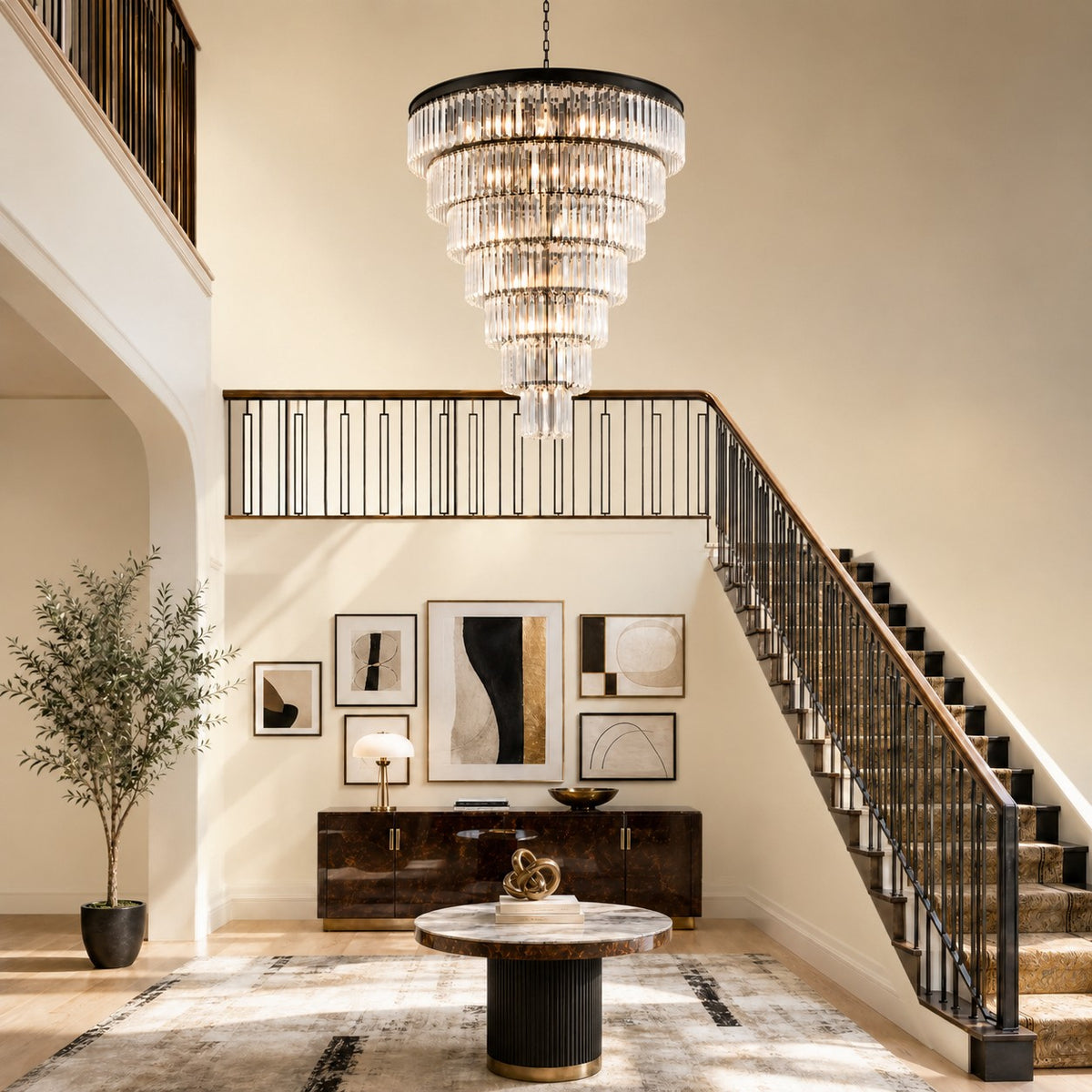 Striped Crystal Tower Round Pendant - Black
