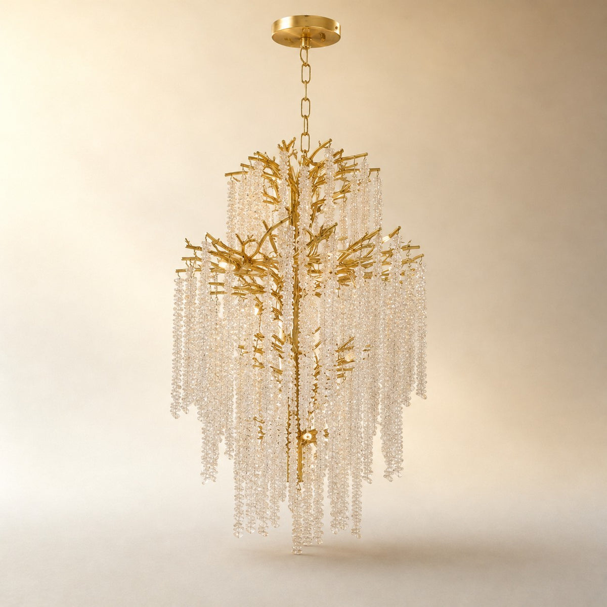 Tiered Gold Branch Chandelier with Cascading Crystal Droplets