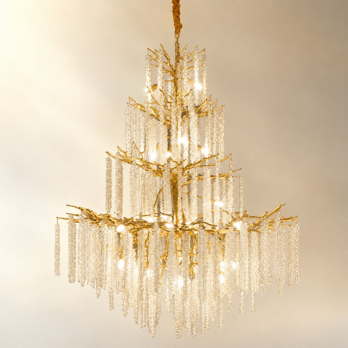 Tiered Gold Branch Chandelier with Cascading Crystal Droplets