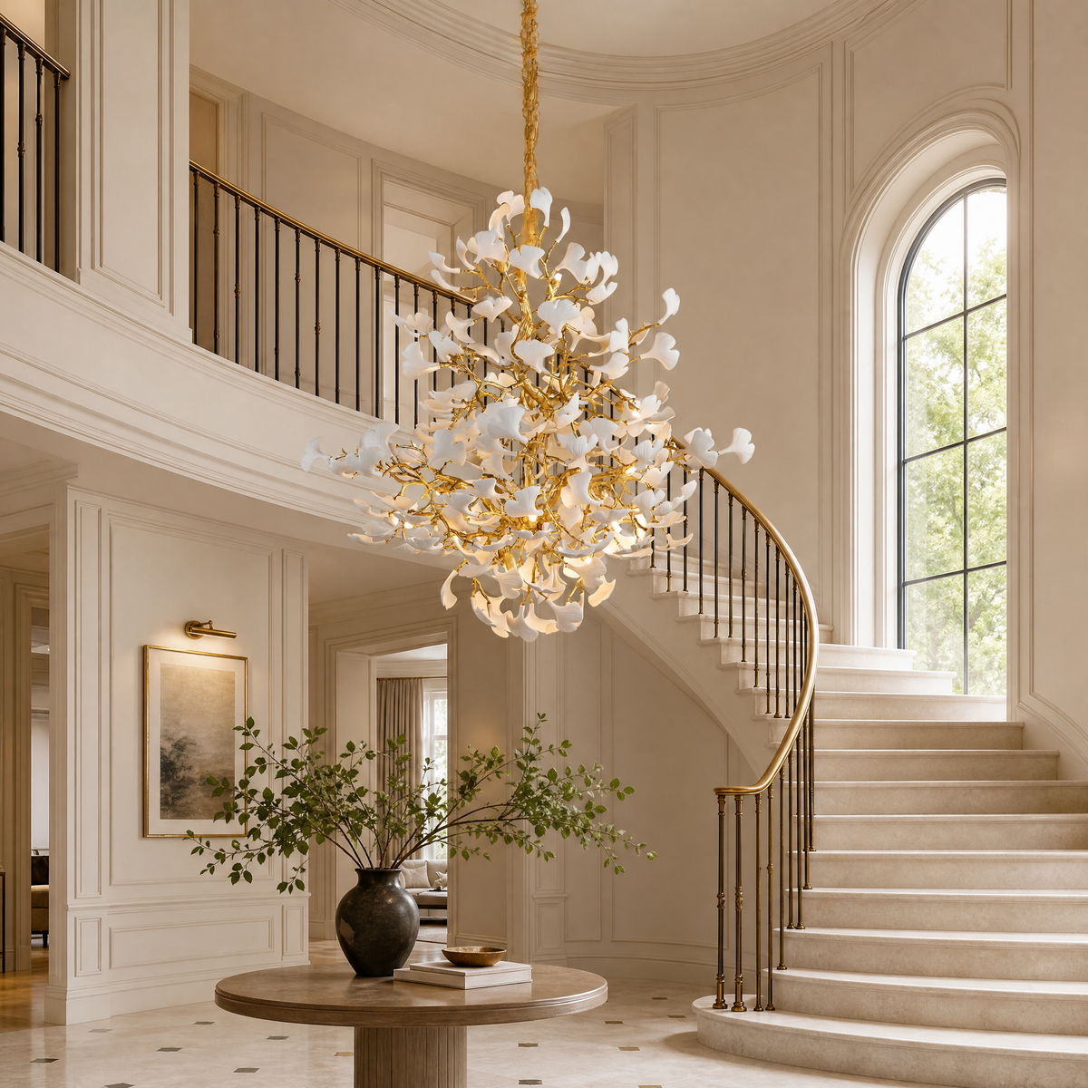 Moon Ring Ceramic Ginkgo Leaf Staircase Chandelier D1200 - Gold
