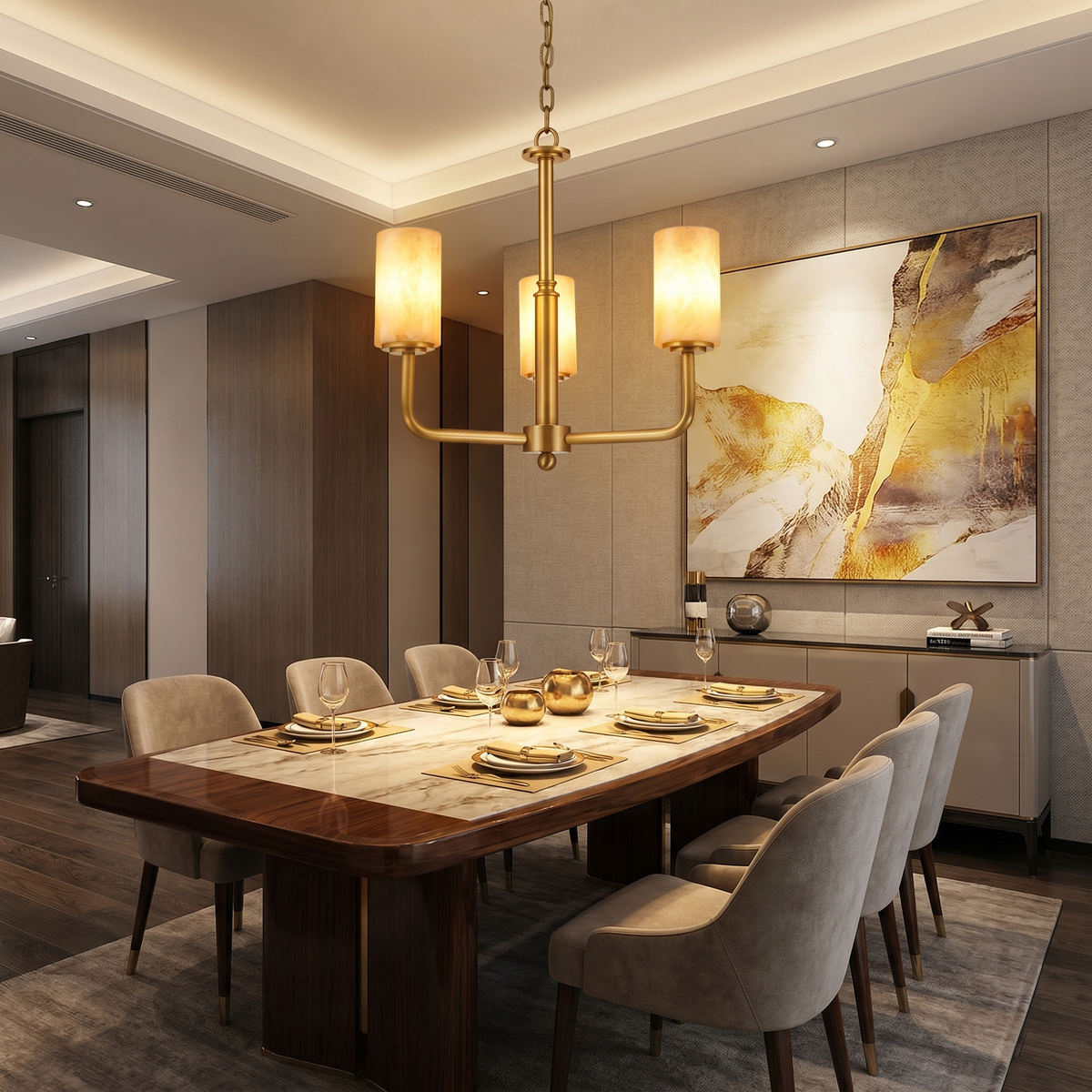 Brass 3-Arm Cylinder Alabaster Pendant Light