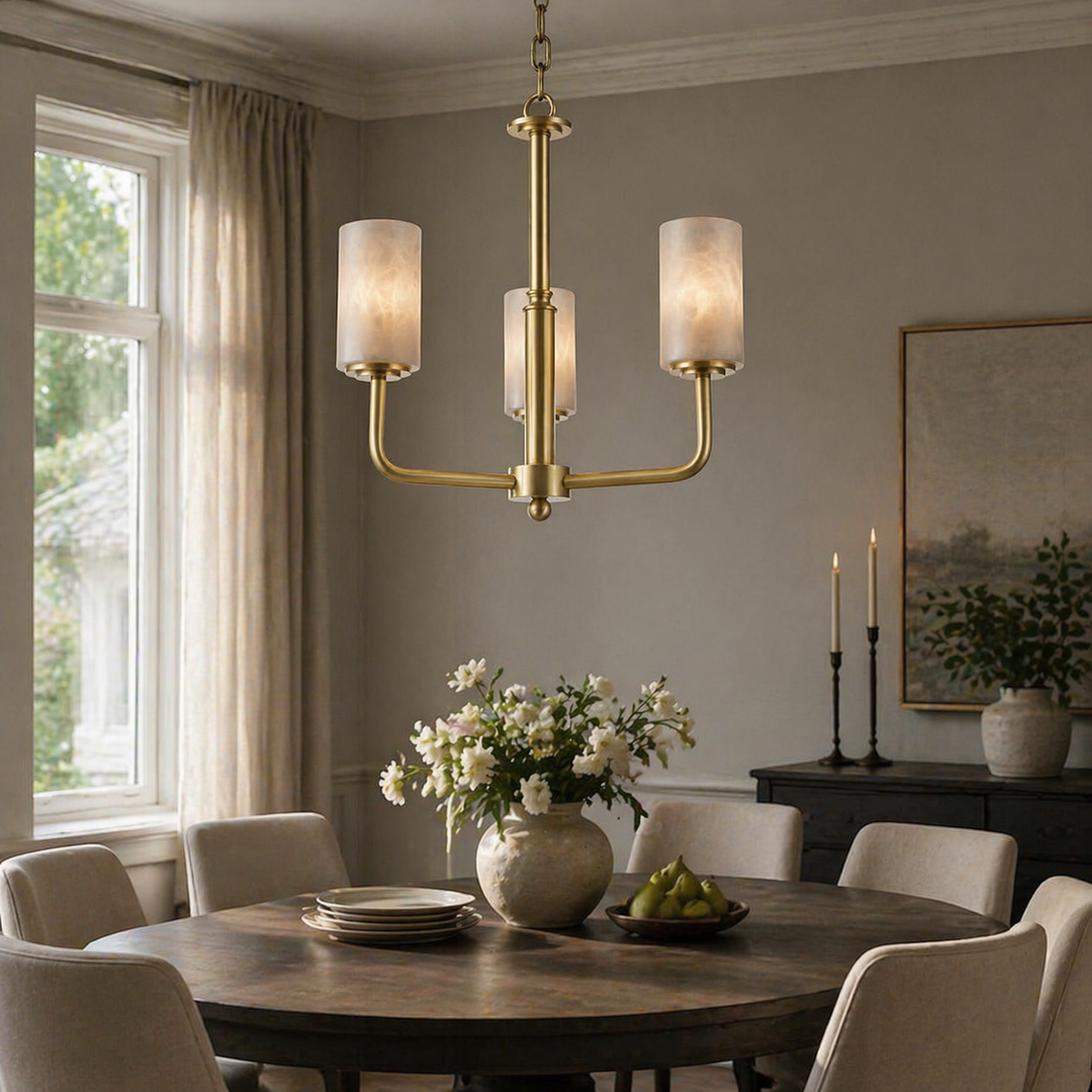 Brass 3-Arm Cylinder Alabaster Pendant Light