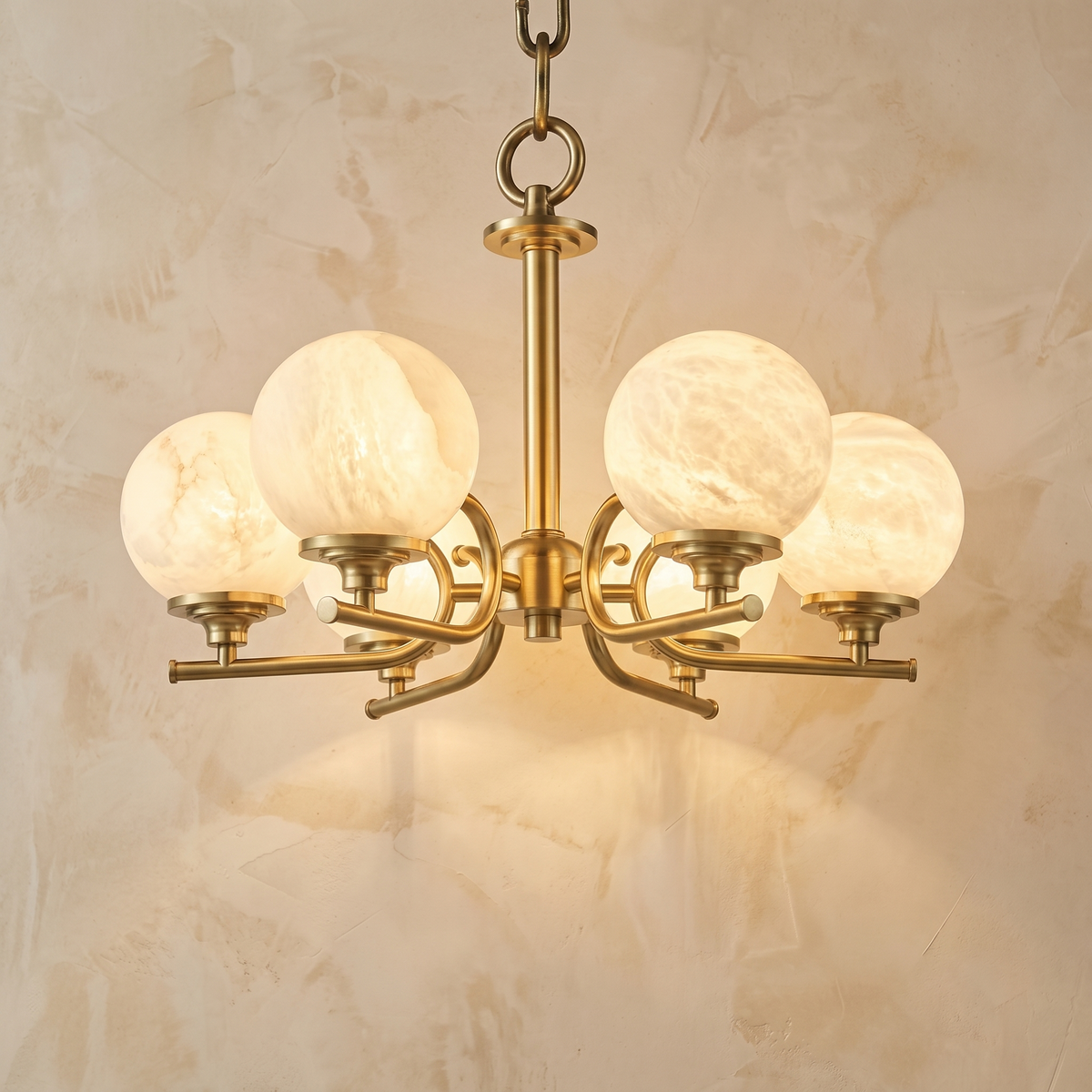 Brass 6-Arm Chandelier Alabaster
