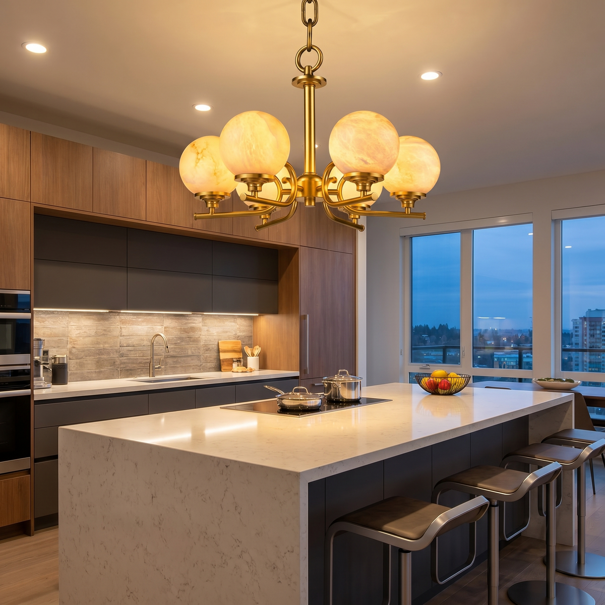 Brass 6-Arm Chandelier Alabaster