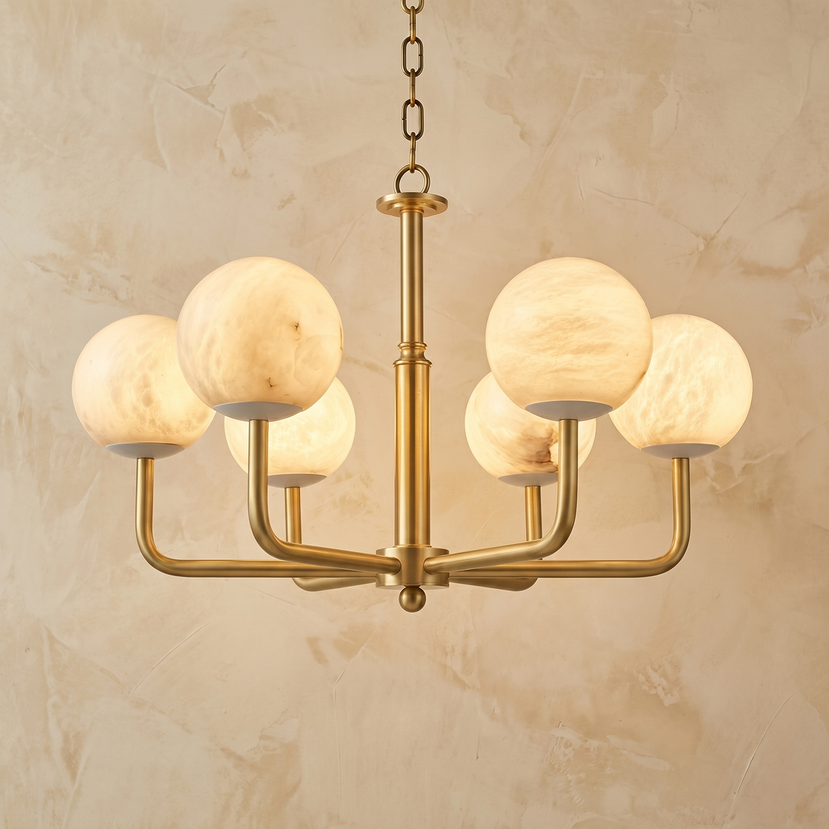 Brass 6-Arm Orb Alabaster Pendant Light