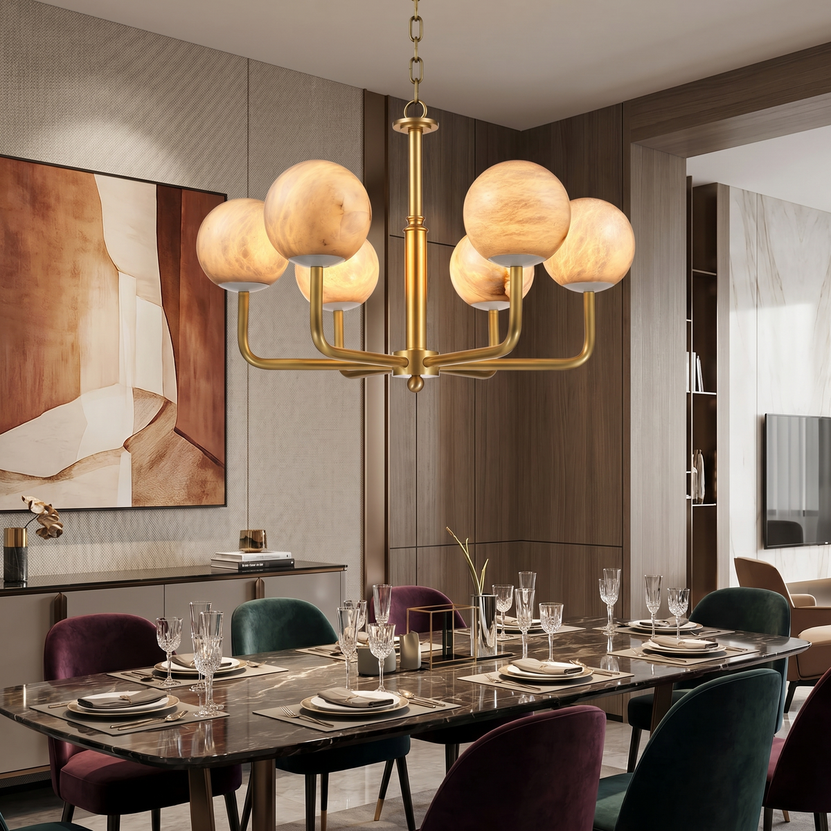 Brass 6-Arm Orb Alabaster Pendant Light