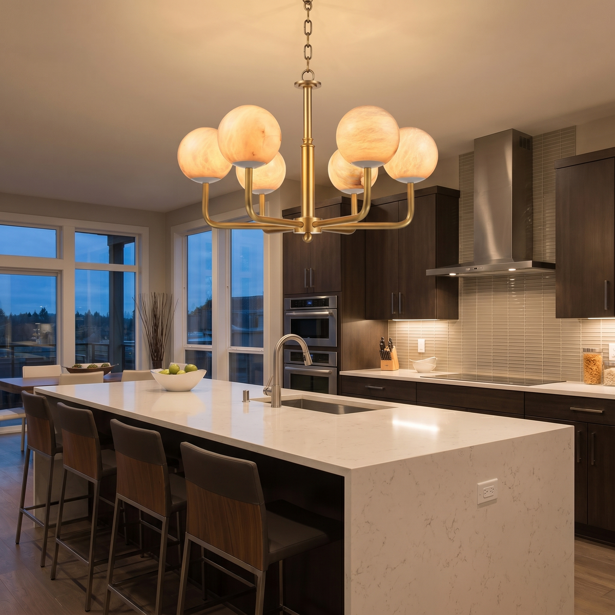 Brass 6-Arm Orb Alabaster Pendant Light