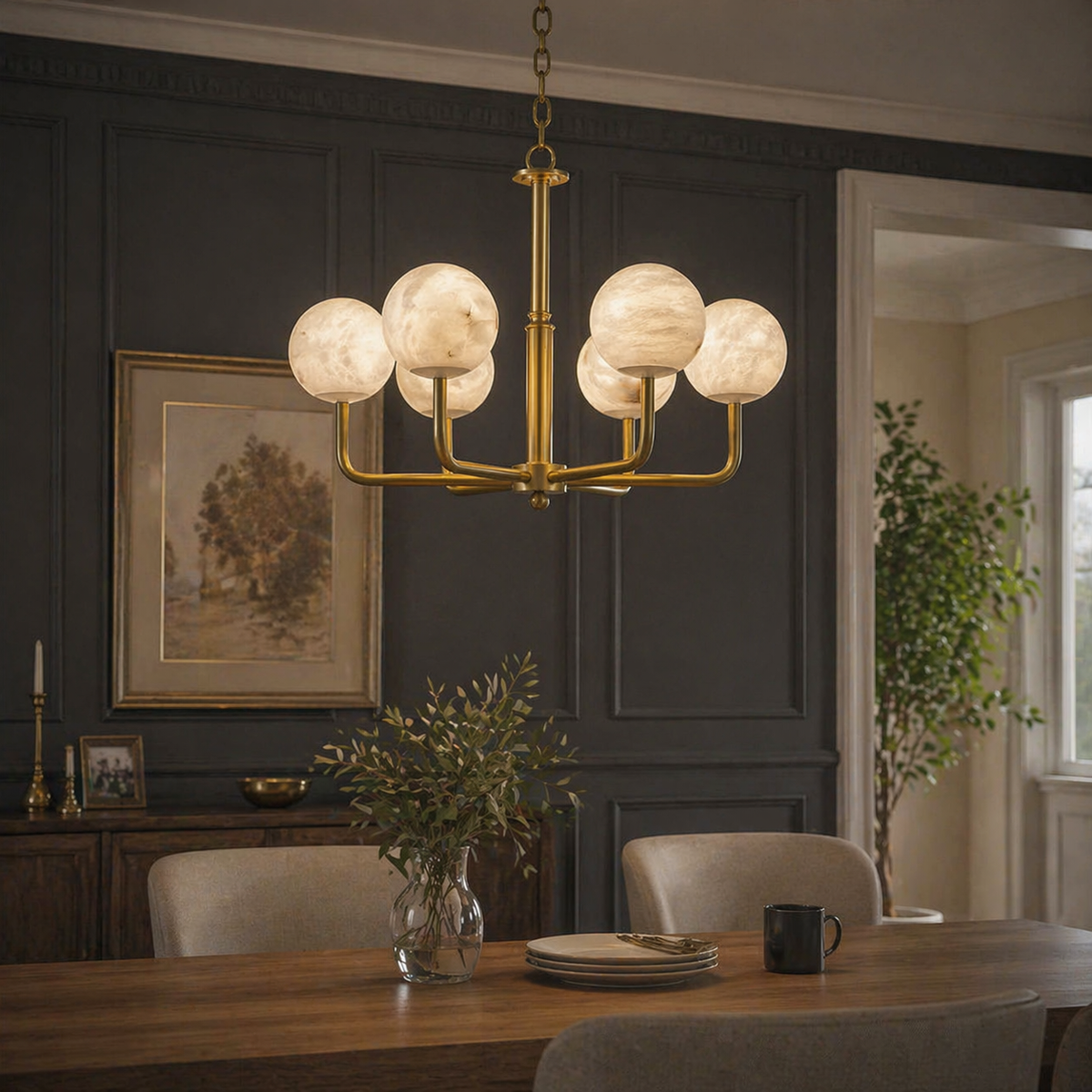 Brass 6-Arm Orb Alabaster Pendant Light