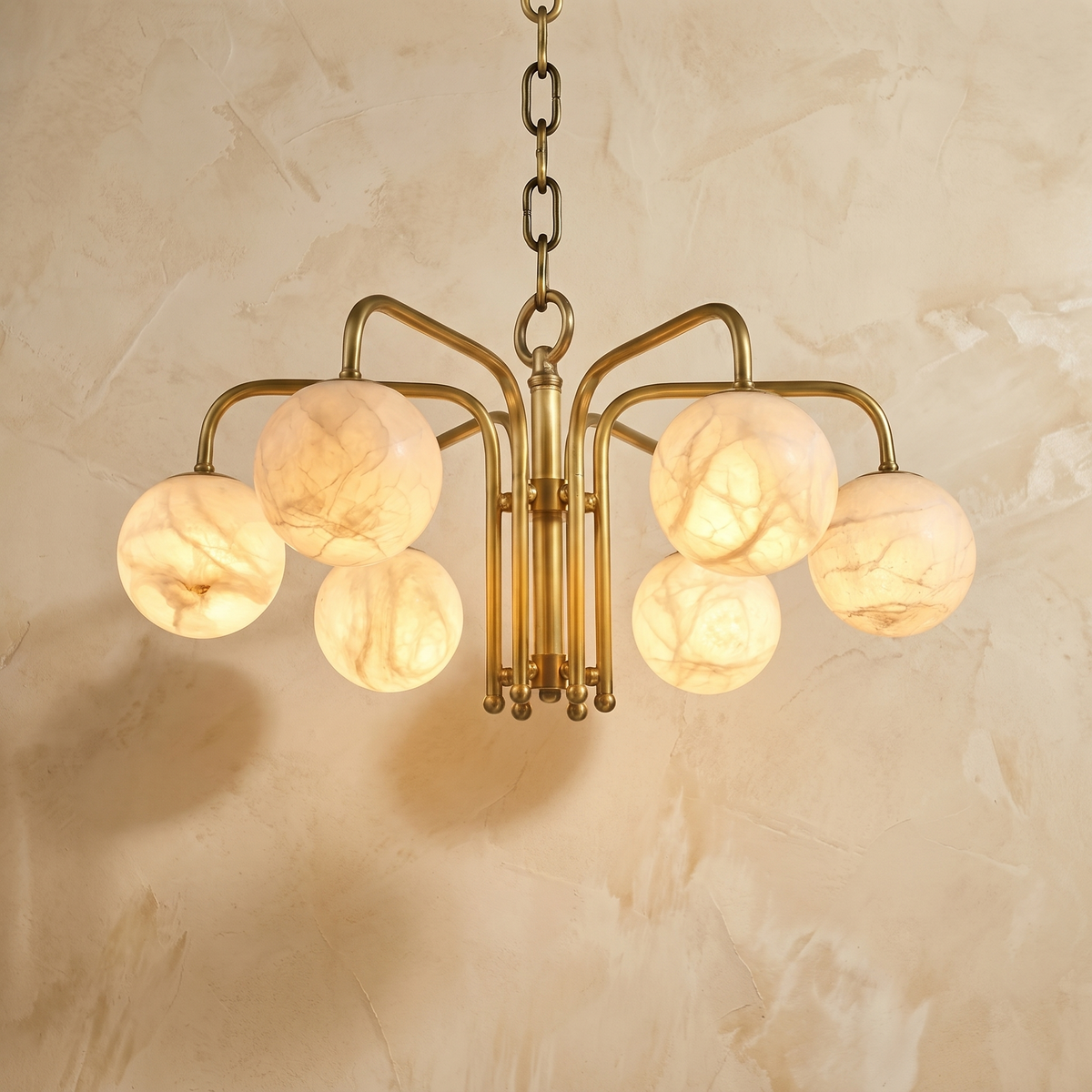 Brass 6-orb Alabaster Pendant Light