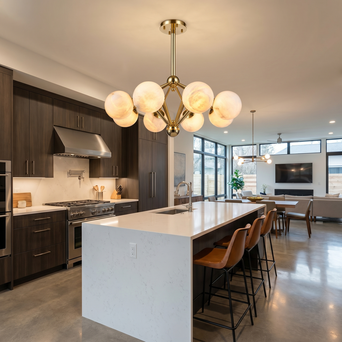 Brass 8-orb Alabaster Pendant Light