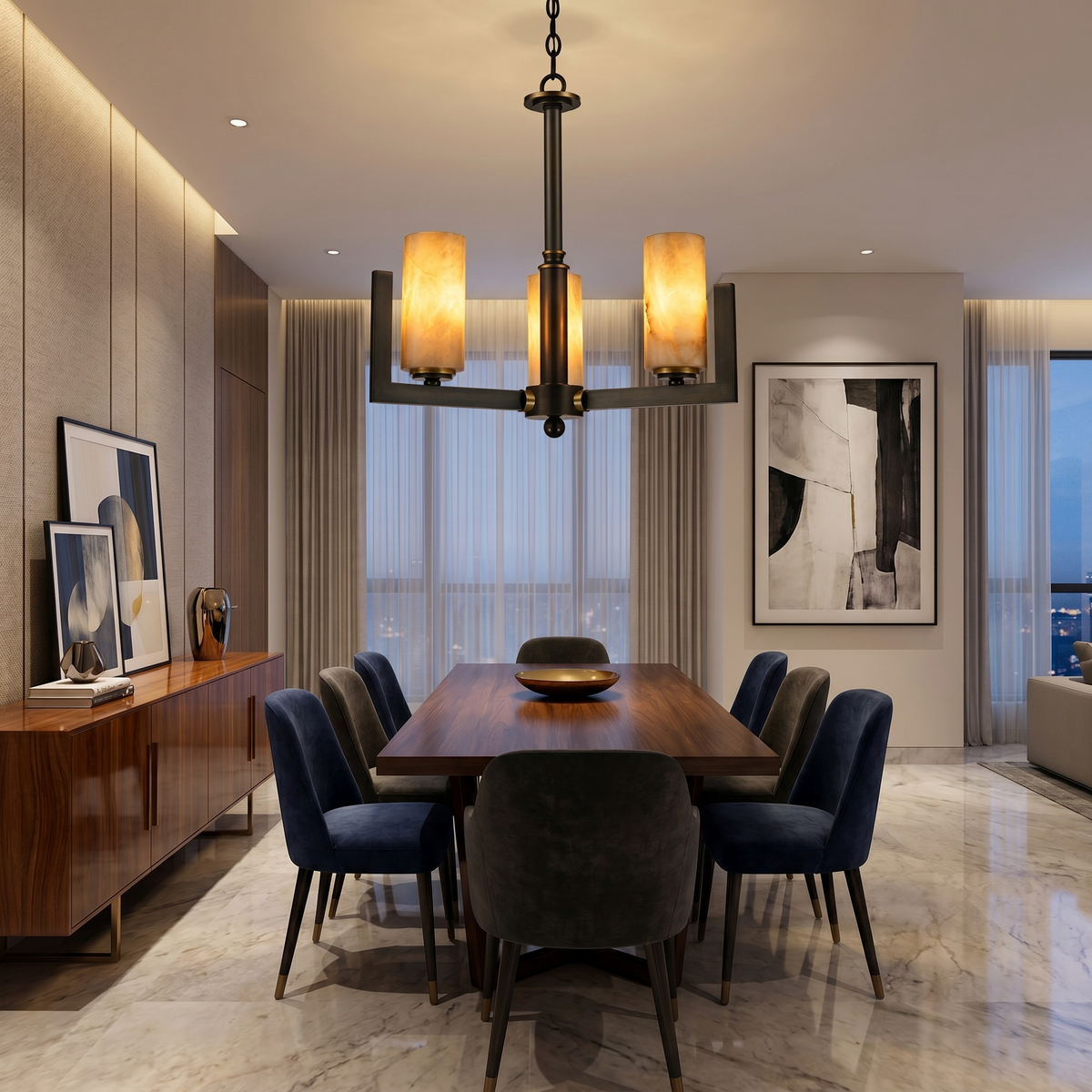 Cylinder 3-arm Alabaster Pendant Light