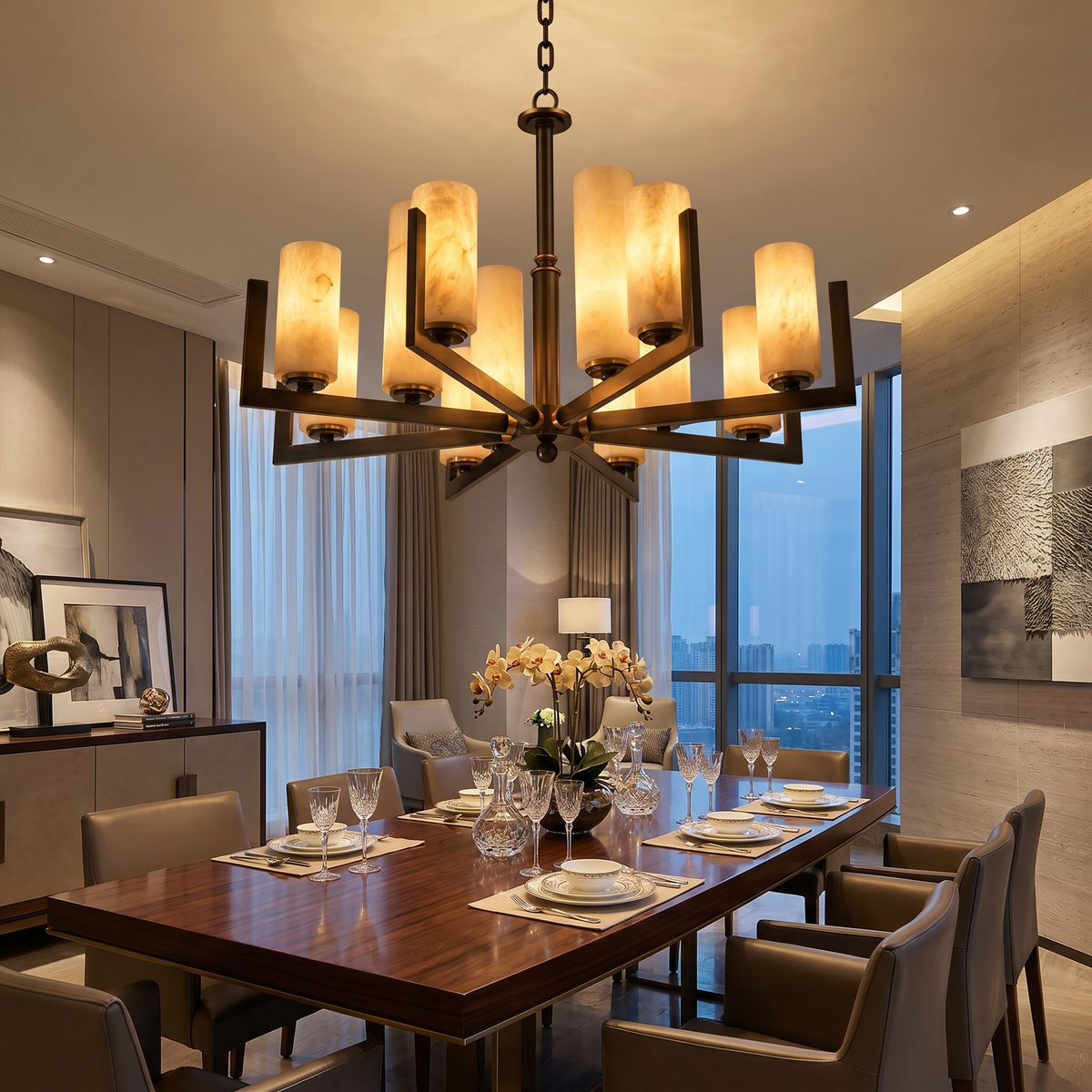 Cylinder 3-arm Alabaster Pendant Light