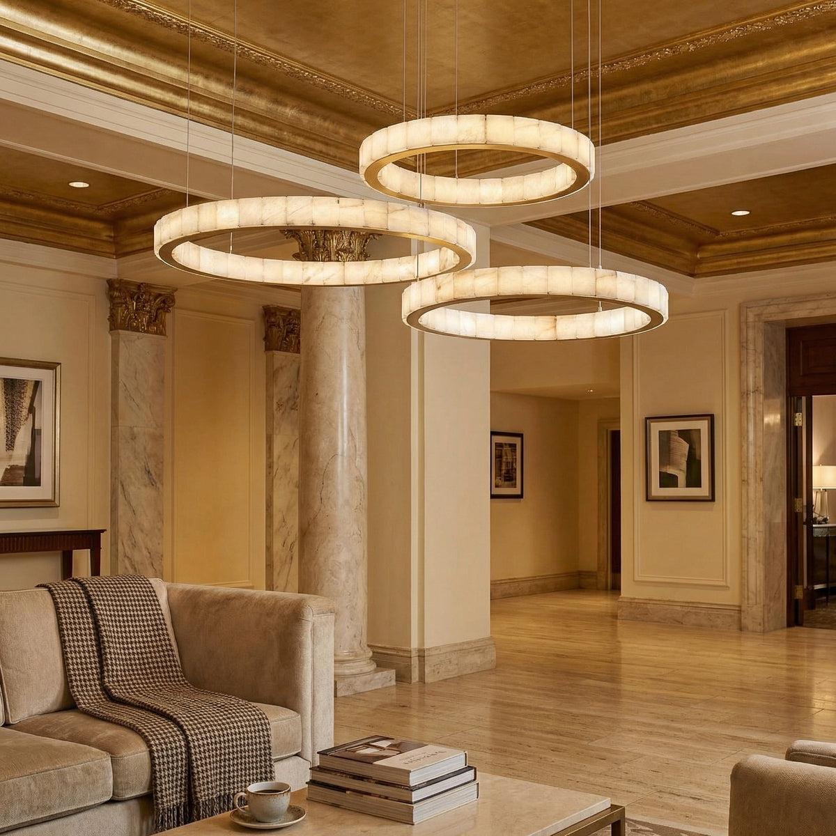 Haeia Triple-Ring Alabaster Chandelier