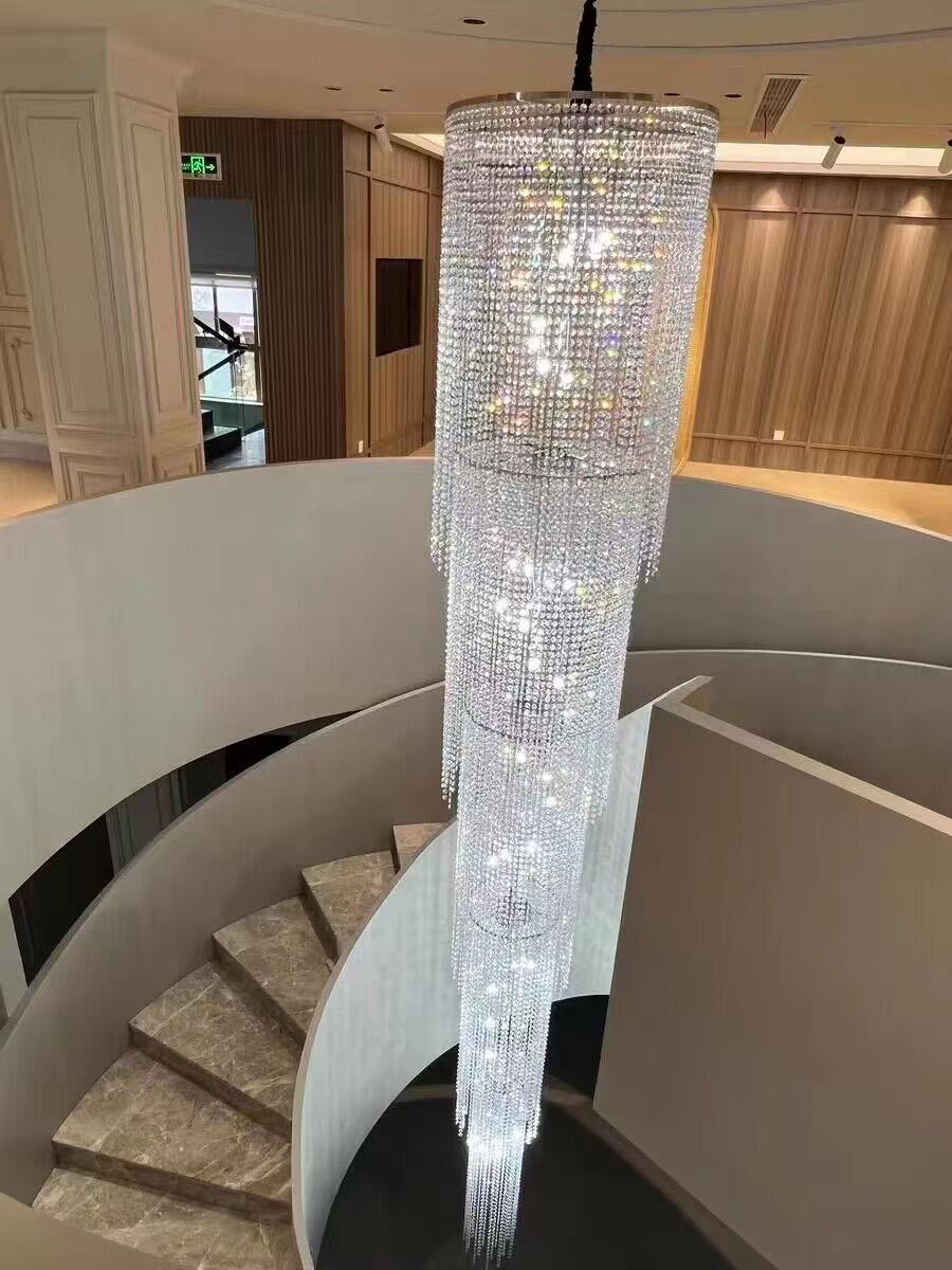 Extra Long Luxury Crystal Chandelier For Staircase / 2 Story Multi-layered Long Light Fixture