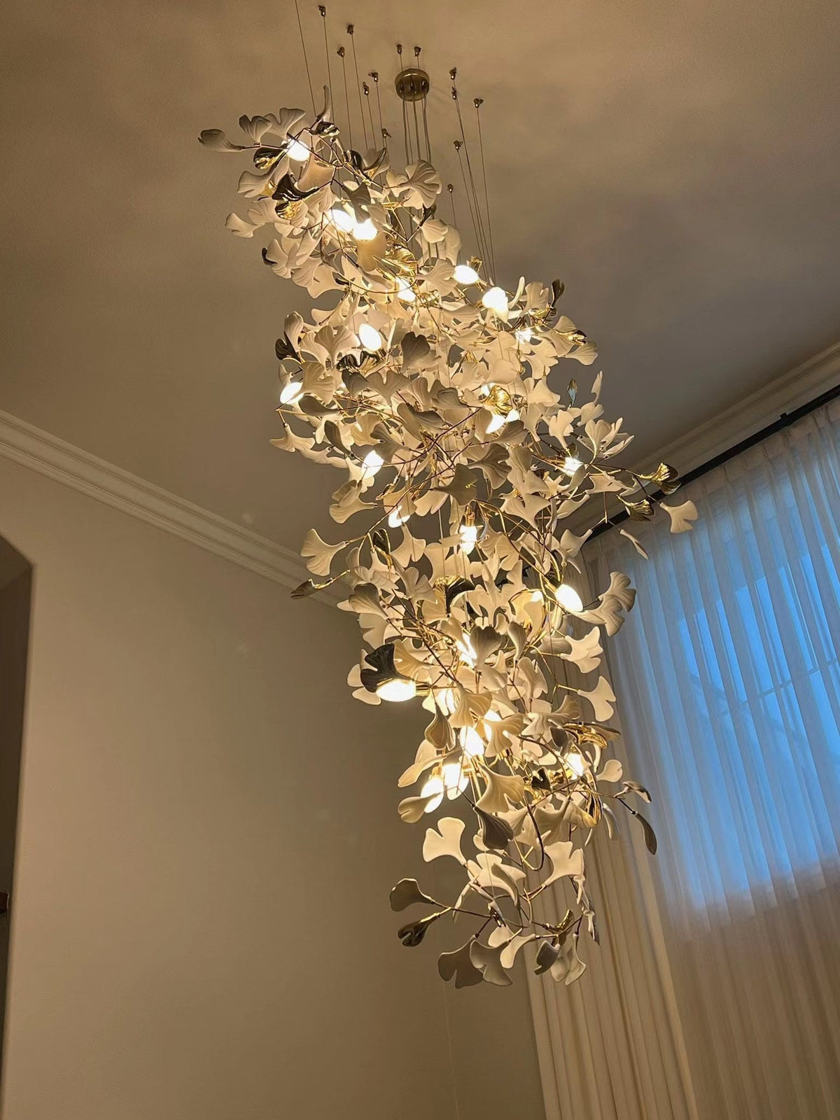 Extra Large Ceramics Ginkgo Leaves Twig Chandelier for High Ceiling Living Room/Hotel Hall