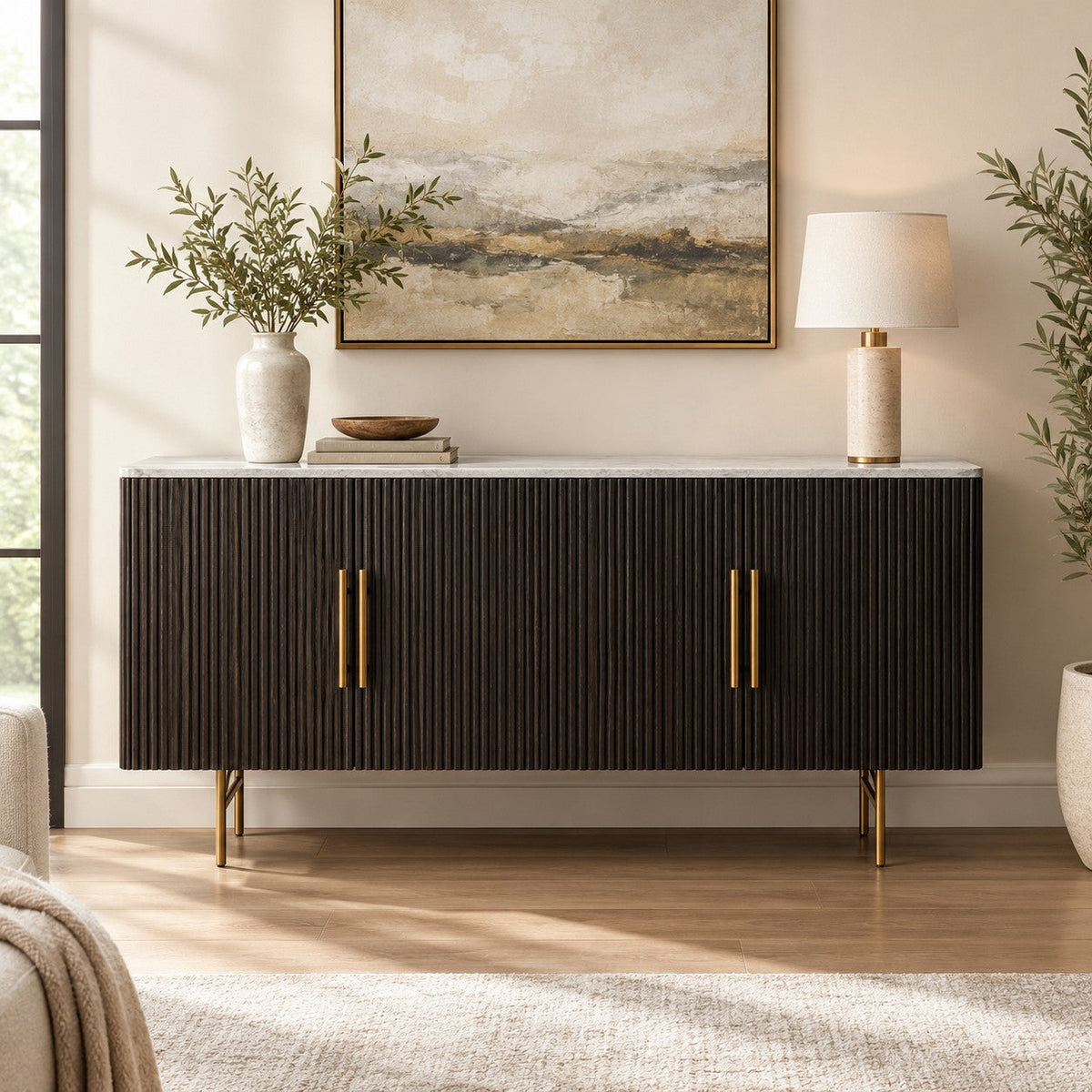 Rural Marble-Top Oak Sideboard Cabinet