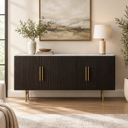 Rural Marble-Top Oak Sideboard Cabinet