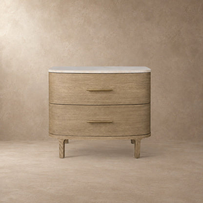 Two-Drawer Marble Top Bedside Table With Brass Pulls