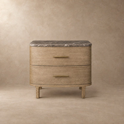 Two-Drawer Marble Top Bedside Table With Brass Pulls