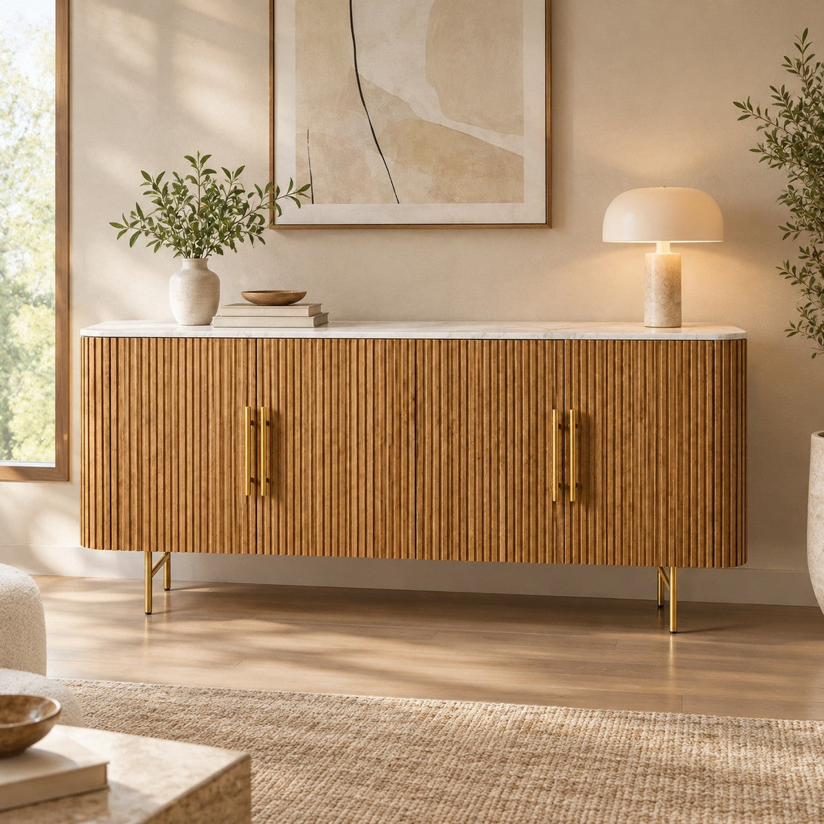 Rural Marble-Top Oak Sideboard Cabinet